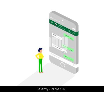 Man reading message from a social application in phone. Isometric design. Eps10 Stock Vector