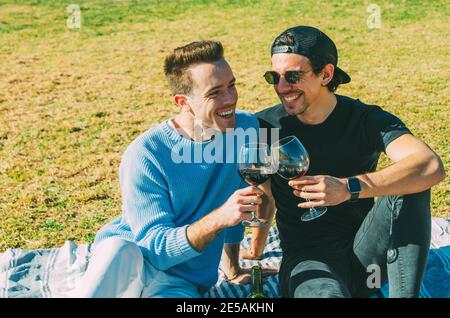 Casual Laughing Gay Couple Toasting Glasses of Red Wine in a Park Picnic Sitting on Green Grass Stock Photo