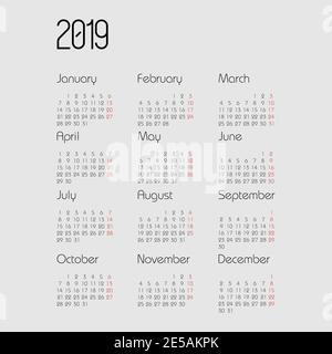 Vector calendar 2019 year. Planner design. Calendar 2019 vector template. Eps10 Stock Vector