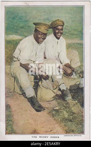 Postcard showing two black Canadian soldiers preparing food, captioned 'The merry cooks'. The postcard was produced as part of the Daily Mirror's series on the Canadian army during the First World War Stock Photo