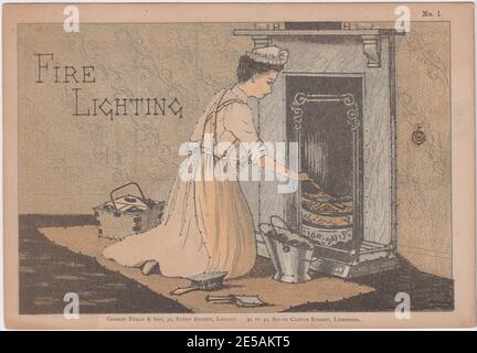 Fire lighting: Edwardian advertising image showing a servant setting a fire in the fireplace Stock Photo