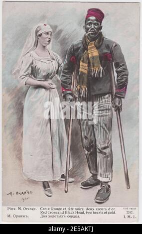 French First World War postcard showing a Red Cross nurse helping an African soldier on crutches, captioned 'Red Cross and Black Head, two hearts of gold'. The postcard was issued by the Association des Dames Françaises, Croix Rouge Française, in 1915 Stock Photo