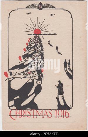 Royal Flying Corps First World War Christmas card for 1916. The image includes the RFC crest at the top and shows a line of aeroplanes leading to a sun setting behind six hangers. Six figures - RFC personnel - are on one side, checking notebooks, looking at the planes and walking away. Stock Photo