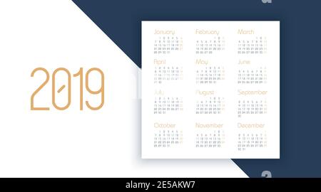 Vector calendar 2019 year. Planner design. Calendar 2019 vector template. Eps10 Stock Vector