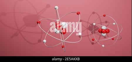 3D model of atoms with nucleus, electrons, protons and neutrons orbiting, circular path, cgi render illustration, red background, rendering Stock Photo