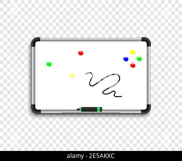 White marker board. Whiteboard with marker and color magnetics. White board with shadow on transparent backgound. Eps10 Stock Vector