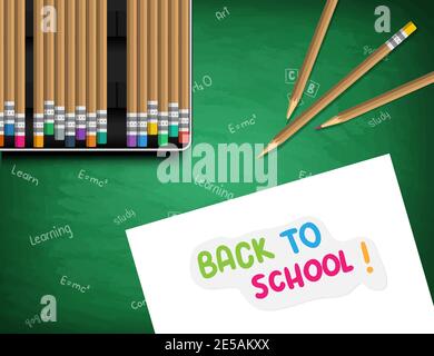 back to school. White sheet of paper with a sticker Back to school. Pencil case with pencils on a school board. Eps10 Stock Vector