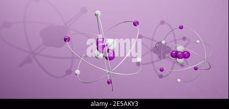 3D model of atoms with nucleus, electrons, protons and neutrons orbiting, circular path, cgi render illustration, purple background, rendering Stock Photo