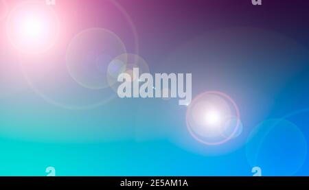 Banner with blue deep sky in colorful round flare from lens with turquoise and magenta shades as background with gradient illumination at four corners Stock Photo