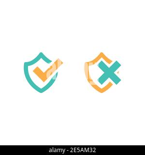 Blue shield with orange tick sign and orange shield with blue cross. Vector flat icon isolated on white. security sign. protection emblem Stock Vector