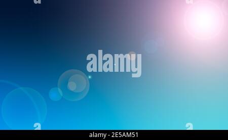 Banner with blue deep sky in colorful round flare from lens with turquoise and magenta shades as background with gradient illumination at four corners Stock Photo