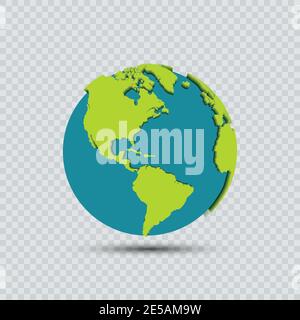 3d earth map with shadow on transparent background. Stock Vector