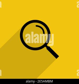 Black magnifying glass with shadow in flat style, vector icon on yellow background. Eps10 Stock Vector