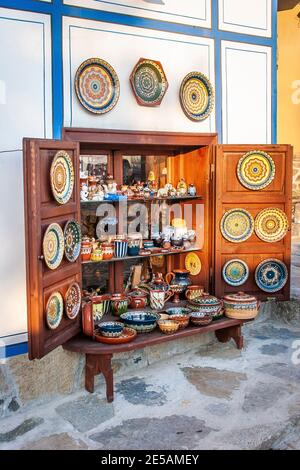 A souvenir shop selling traditional Bulgarian pottery from the Troyan region in Plovdiv Old Town. Stock Photo