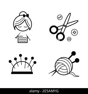 Set of simple stylish black line icons for needlework Stock Vector