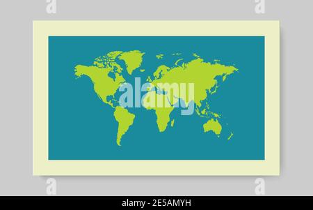 Green Worl map with shadow on blue background. Vector illustration. Stock Vector