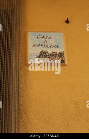 Hand-painted ceramic house plaque, Case di Mariana, Scilla, Reggio Calabria, Italy Stock Photo
