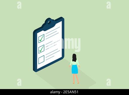 Business concept. Woman with checklist on clipboard. Isometric design. Eps10 Stock Vector