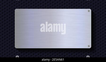 Aluminum metal plate. Realistic shiny metal banner. Black metal texture steel background. 3D realistic vector illustration. Stock Vector