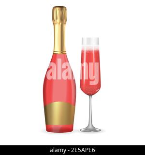 Realistic 3D champagne Rose Pink and Golden Bottle and Glass Icon isolated on white background. Vector Illustration Stock Vector