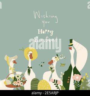 Cute cartoon gooses with Easter eggs and flowers Stock Vector