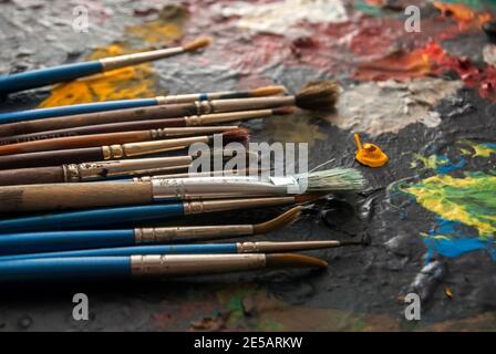 Used different type paint brushes on colorful atrist palette closeup Stock Photo