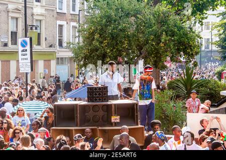 Crowds dancing at a sound system at Notting Hill Carnival, London