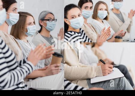 collage of multicultural businesswomen in medical masks applauding during seminar Stock Photo