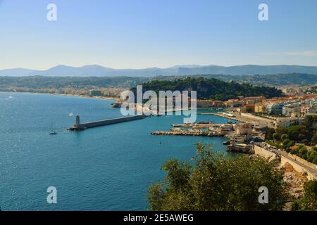 Aerial panoramic view of Port Lympia, sea and coast, Nice, South of France.