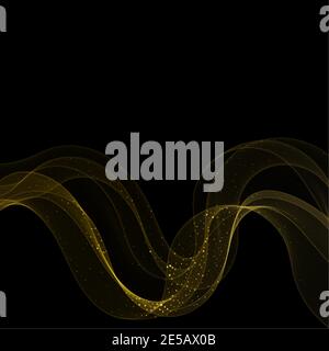 Golden glowing lights effects on black background, abstract magic Illustration with wave. eps 10 Stock Vector