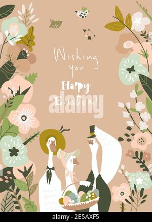 Cartoon frame with flowers and funny gooses. Happy Easter Stock Vector