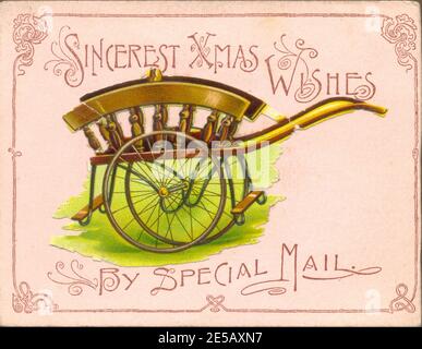 Christmas greetings card with chromolithographed die cut onlay circa 1895 with punning message Stock Photo