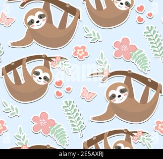 Cute sloth seamless pattern. Endless texture with trees, plants, flowers. Kids baby clip art funny smiling forest animal background. Vector Stock Vector