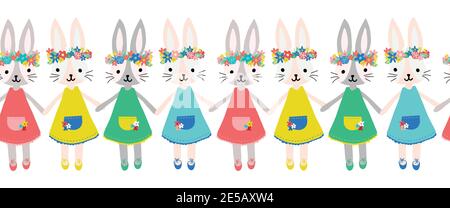 Cute bunnies seamless vector border. Repeating pattern Happy Easter wishes rabbit girls with flower crowns holding hands. Use for holiday cards Stock Vector