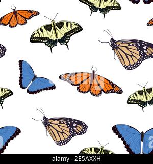 Seamless background with realistic butterflies. Vector. Butterflies of different colors and sizes on a white background. Stock Vector
