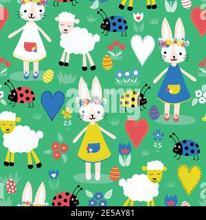 Cute Easter pattern with bunnies, sheep, ladybugs, hearts, eggs and flowers in bright colors. Seamless vector holiday background. Hand drawn cute Stock Vector