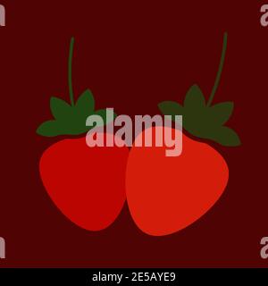 Pair of strawberrys flat vector outline illustration in minimalistic style on red background Stock Vector
