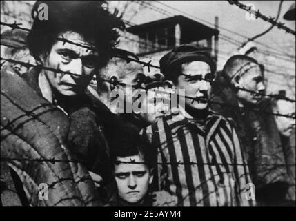 A picture of inmates behind barbed wire taken in 1945 when the concentration camp of Auschwitz was liberated in Poland where millions of Jewish deportees were exterminated by nazis during World War II. This photo is an excerpt from  the Soviet film 'Auschwitz' by Soviet film director Elizaveta Svilova (1945) Stock Photo