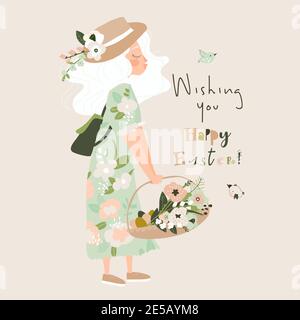 Cartoon beautiful girl holding basket with easter eggs and flowers Stock Vector