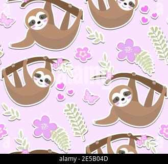 Cute sloth seamless pattern. Endless texture with trees, plants, flowers. Kids baby clip art funny smiling forest animal background. Vector Stock Vector