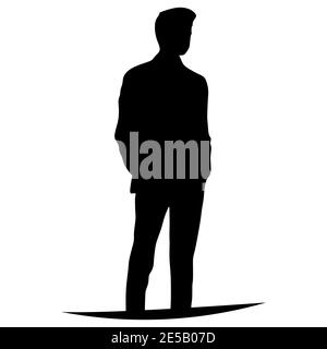 Vector silhouette of one man standing in a business suit, black color isolated on white background, black silhouette male Stock Photo