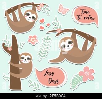 Cute sloth sticker set. Collection of design elements with trees, plants, flowers. Kids baby clip art funny smiling forest animal, sticker. Vector Stock Vector