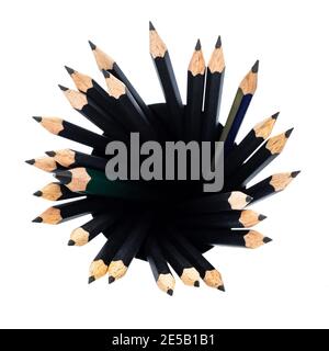 top view of many graphite pencils in round holder isolated on white background Stock Photo