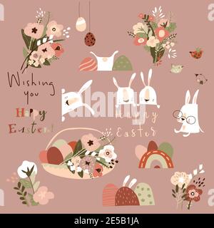 Cartoon Easter set with flowers ,easter eggs and rabbits Stock Vector