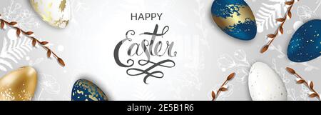 Happy Easter background with realistic golden shine decorated eggs, Willow, rabbit. Vector illustration greeting card, ad, promotion, poster, flyer Stock Vector