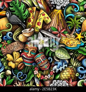 Cartoon doodles Hawaii seamless pattern. Stock Vector