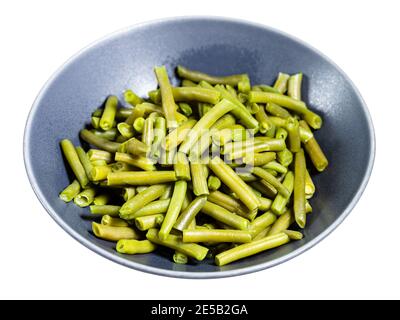 portion of boiled green beans in gray bowl isolated on white background Stock Photo