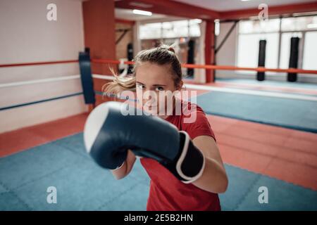 Close up of a young female kick boxer with boxing gloves punching towards camera. A girl kickboxing in a boxing ring. Stock Photo