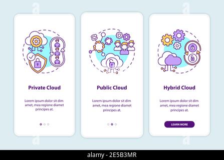 SaaS deployment models onboarding mobile app page screen with concepts Stock Vector