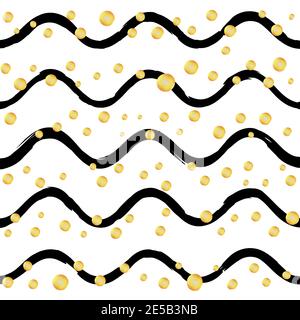 Black and white geometric background Wave seamless pattern with gold glitter polka dots Stock Photo